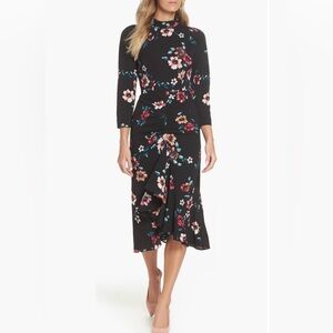 Eliza J Black Floral Ruffle Midi  Dress